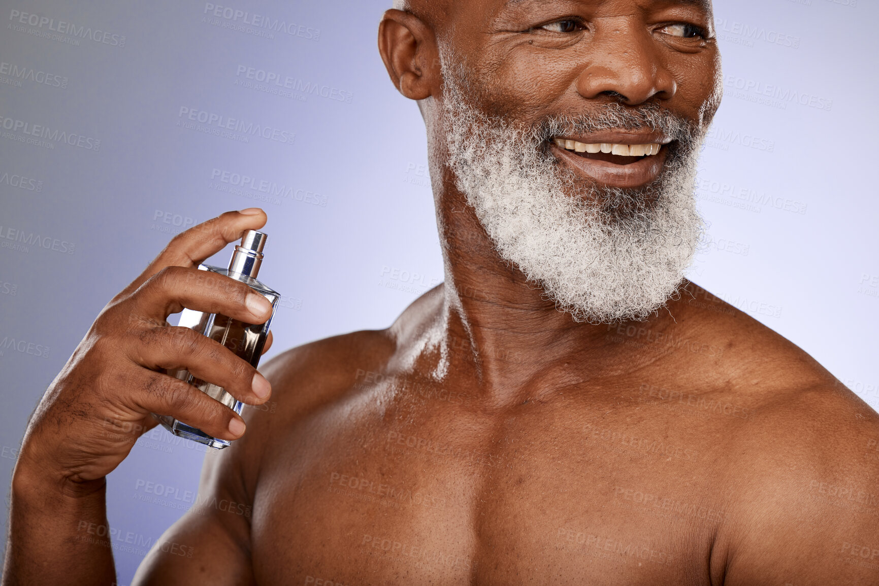 Buy stock photo Senior man, smile and perfume for fragrance, aroma and natural beauty against grey studio background. Mature male, elderly gentleman and cologne for fresh, manly scent and smell good for luxury.