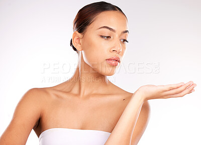 Buy stock photo Beauty, skincare and woman in a studio with mockup space for health or wellness product placement. Advertising, marketing and model from Mexico with cosmetic or makeup routine by a white background.