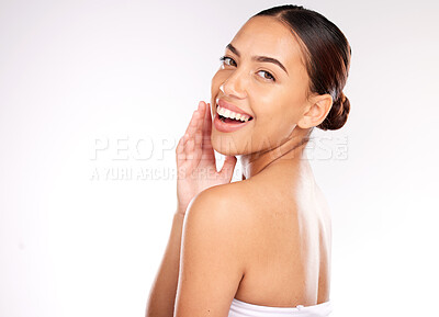 Buy stock photo Skincare, portrait and woman in studio for wellness, beauty and luxury secret on white background mockup. Face, skin and body care by girl model relax with facial, skin care and cosmetic treatment