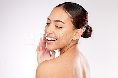 Buy stock photo Woman, face skincare and beauty of a model from Brazil happy about cosmetic wellness. Self care, happiness and teeth health of a person after spa facial with natural cosmetics and dermatology