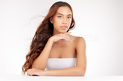 Buy stock photo Woman, hair care and beauty skincare, makeup or cosmetics against a white mockup background. Portrait of latino female model with healthy skin, cosmetic or facial treatment for skin care wellness