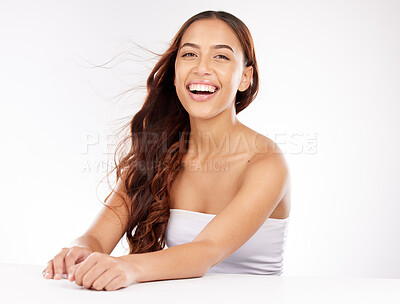 Buy stock photo Beauty, woman and relax hair care portrait or happy in studio for cosmetics wellness, luxury long hair motivation and facial skincare. Face, model smile and natural hair shine or dermatology glow 