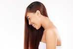 Hair care, wellness and salon treatment happiness of a woman after luxury hair salon treatment. Cosmetics, shampoo and haircut growth of a model excited about keratin and hair dresser luxury