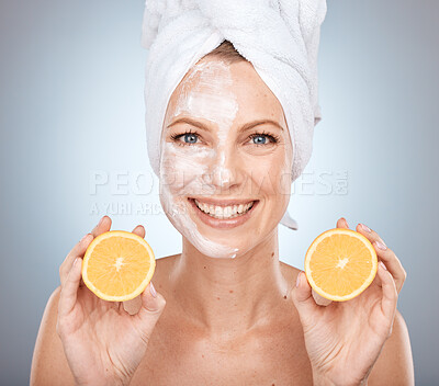 Buy stock photo Portrait of woman, orange and skincare mask after shower with vitamin c for body cleaning, cosmetics and beauty, detox and wellness on studio background. Mature model with face mask of citrus fruits 