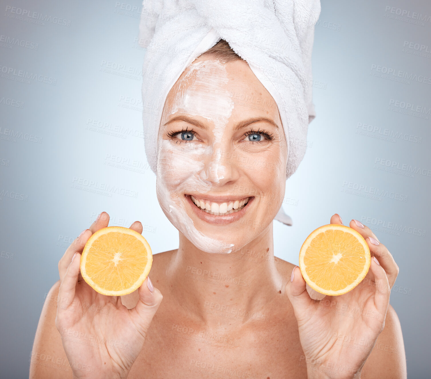 Buy stock photo Portrait of woman, orange and skincare mask after shower with vitamin c for body cleaning, cosmetics and beauty, detox and wellness on studio background. Mature model with face mask of citrus fruits 