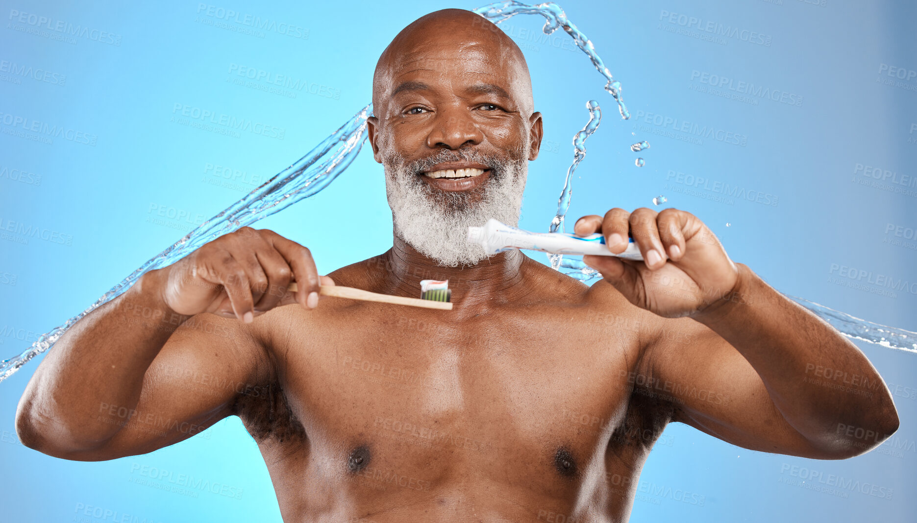Buy stock photo Toothbrush, bamboo and black man in studio with toothpaste, water splash and portrait for dental, mouth and wood product promotion. Senior model face, brushing teeth and eco friendly marketing mockup