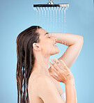 Woman, shower and water mockup for skincare health, showering for clean skin and natural wellness. Healthy beauty model, happy face and advertising natural healthcare or hygiene on a blue background 