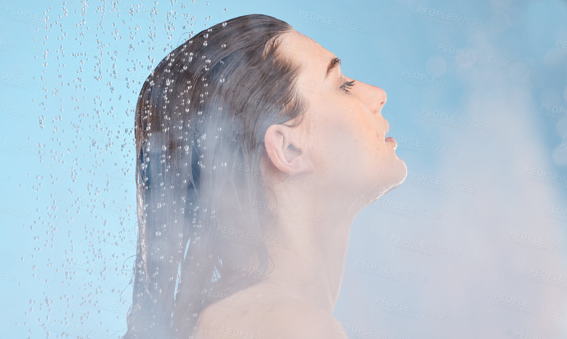 Buy stock photo Wet shower, water and woman in bathroom doing body care, hygiene and cleaning. Water drops, care and person doing skincare, wellness and relax wash with liquid and spa steam for healthy skin