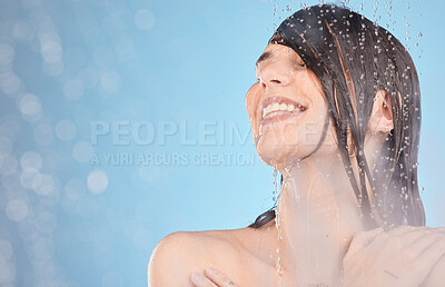 Buy stock photo Shower, water and woman cleaning face for daily bathroom routine, body care grooming or hair care mock up. Spa wellness mockup, facial skincare hygiene or model girl washing with body steam treatment