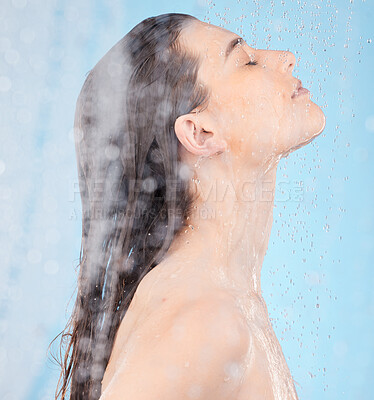 Buy stock photo Woman, shower and water for skincare, health and cleaning body with smile, beauty or relax in studio. Wellness model, water drops and skin hygiene for natural self care, happiness and blue background