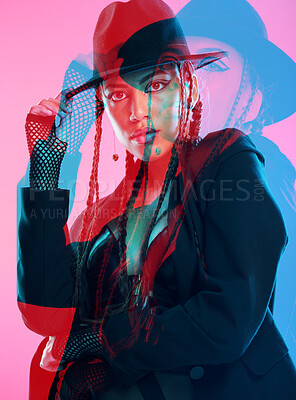Buy stock photo Punk, rock and graphic of a woman with fashion, creative portrait and digital against a pink studio background. 3d technology, stylish and model with designer clothing, overlay and edgy style
