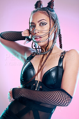 Buy stock photo Fashion, gen z and model portrait with edgy, punk and rock style aesthetic for designer clothes brand. Fashion model, bondage and goth girl and black woman doing vogue pose for creative beauty