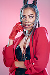 Woman, bdsm fashion and portrait in studio for makeup, erotic clothes or sexy chain mask by pink background. Black woman, punk or metal jewelry for aesthetic with beauty, cosmetics or rock