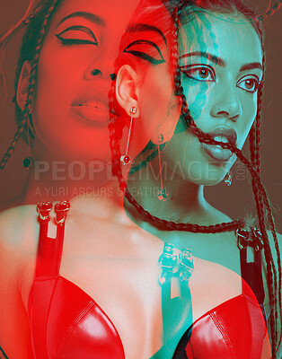 Buy stock photo Black woman, punk aesthetic and fashion in studio with sexy leather clothes, makeup and shadow reflection. Sexy woman, model and cosmetic beauty with bdsm, goth rock and dark studio background