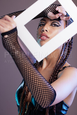 Buy stock photo Fashion, frame and model woman portrait with goth, punk and rock aesthetic person with unique look. Fashion model, creative clothes and bondage style of a gen z black woman with edge beauty makeup