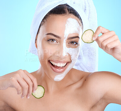 Buy stock photo Black woman, cucumber skincare and cream on face to relax eyes, skin health and natural hydration wellness.  Healthy model, happy face with smile and advertising a facial nutrition healthcare mockup
