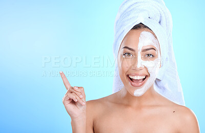 Buy stock photo Skincare, beauty and woman portrait doing morning cream, face mask and skin wellness happy. Product placement, cosmetics and marketing mockup of a model smile with facial , dermatology and self care 
