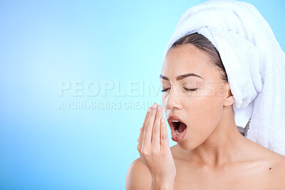 Buy stock photo Dental hygiene, beauty or woman breathe to test for morning bad breath, halitosis bacteria smell or clean mouth mock up. Bathroom skincare, teeth cleaning mockup or face of model check oral care odor