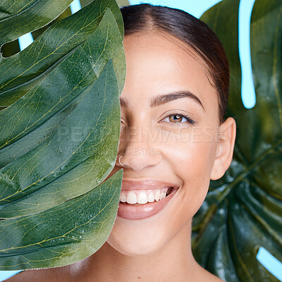 Buy stock photo Beauty, skincare and jungle with leaf  woman for product, tropical and luxury treatment. Exotic, facial and cosmetics with portrait of girl model and natural face for wellness, glow and forest plant