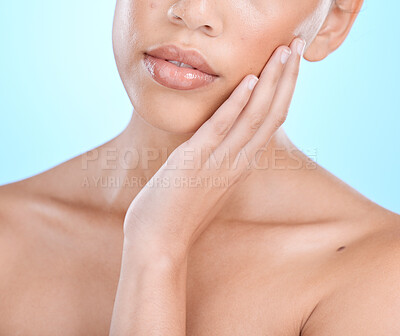 Buy stock photo Woman, hands or touching face in skincare grooming routine, healthcare wellness or dermatology self love on blue background. Zoom, beauty model or person facial makeup cosmetics with studio manicure