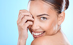 Skincare, beauty and portrait of woman on blue background with happy smile from Australia. Makeup, cosmetic glamour and luxury skin care with beautiful face, natural cosmetics for detox facial at spa