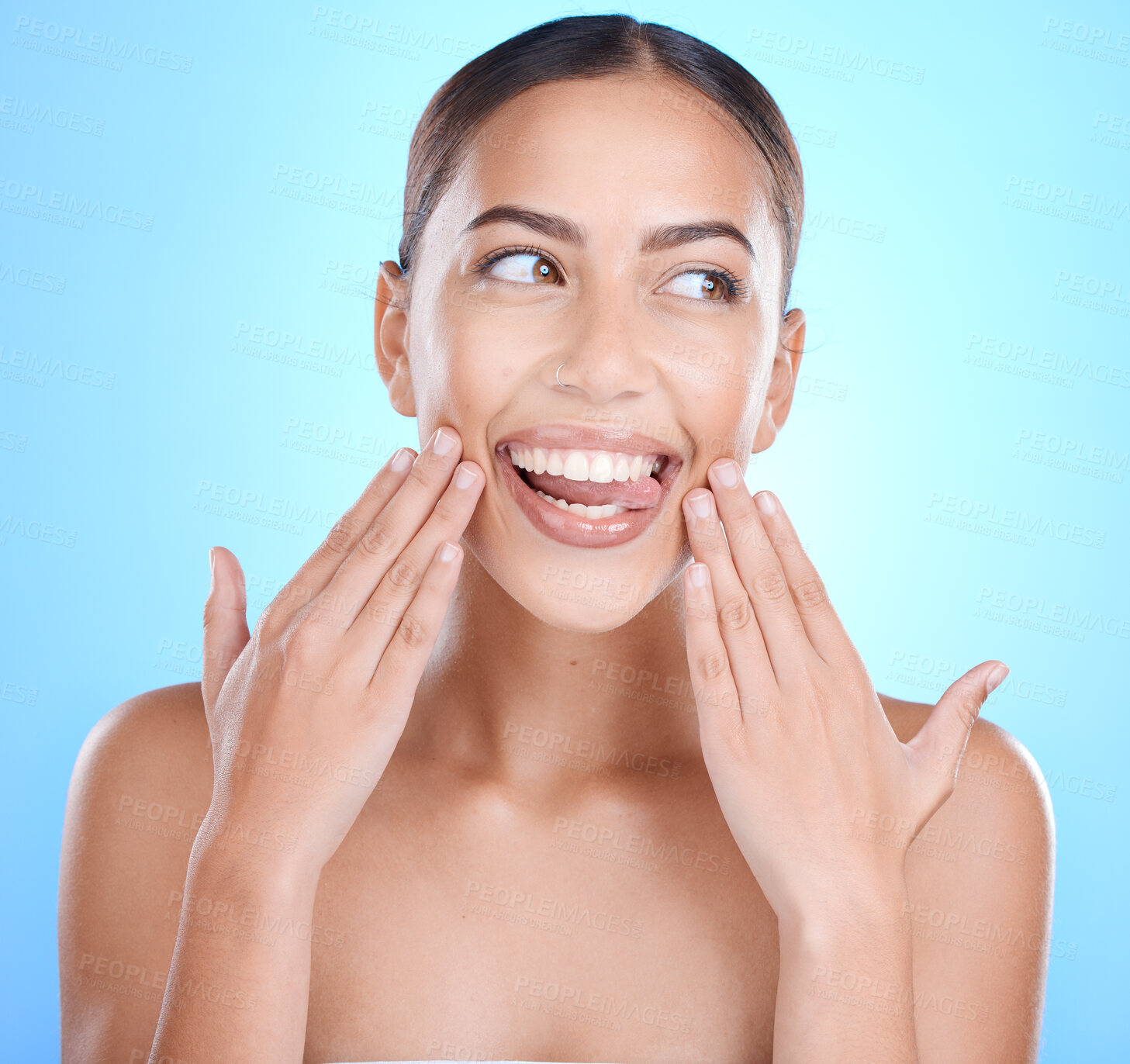 Buy stock photo Face, hands and woman tongue for skincare beauty wellness, luxury spa dermatology or natural cosmetics makeup. Facial care, self care body glow and happiness for skin or body care in blue studio