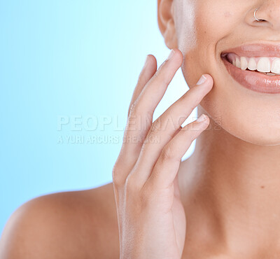 Buy stock photo Beauty, face and skin, woman and skincare with hand for manicure, facial zoom and natural cosmetics, teeth and dental, cosmetic mockup. Healthy glow, wellness and teeth whitening with blue background
