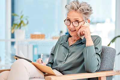 Buy stock photo Senior, business and woman on phone call while writing corporate ideas in a notebook during communication. Wifi, cellphone call and mature female ceo talking in conversation while and write notes 