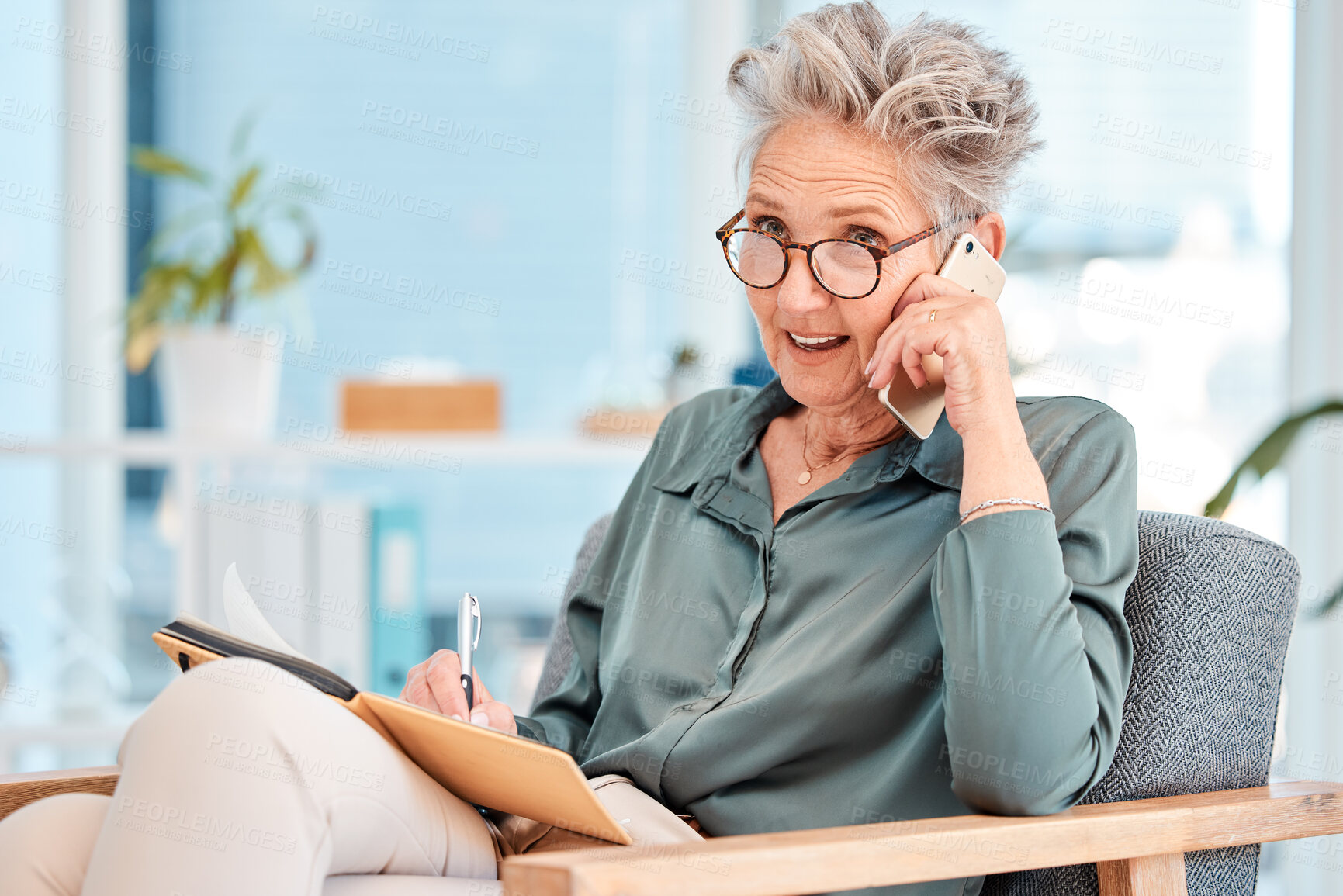 Buy stock photo Senior, business and woman on phone call while writing corporate ideas in a notebook during communication. Wifi, cellphone call and mature female ceo talking in conversation while and write notes 