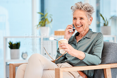 Buy stock photo Woman, relax or senior manager on a phone call talking, communication or networking for a development project. Smile, ceo or old woman in conversation, discussion or speaking of success or our vision