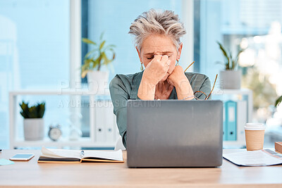 Buy stock photo Stress, headache and woman with laptop, mental health and anxiety in office. Depression, business female and entrepreneur with burnout experience, unhappy, overworked and pain for startup company.