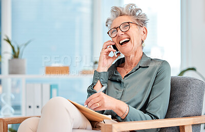 Buy stock photo Business, woman and cheerful call for networking communication using wifi for professional entrepreneurship. Phone call, ceo and mature businesswoman laughing during conversation while writing notes