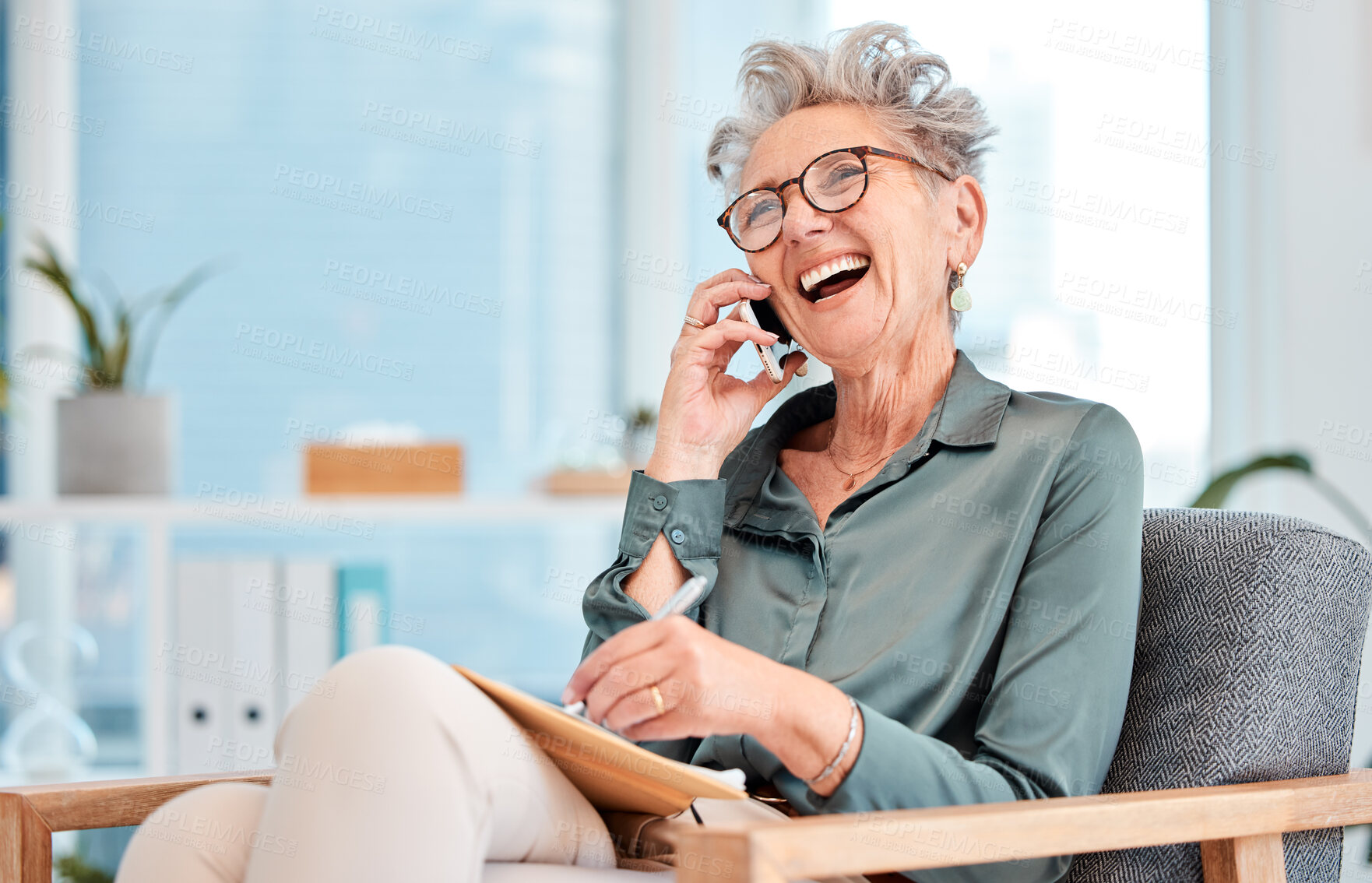 Buy stock photo Business, woman and cheerful call for networking communication using wifi for professional entrepreneurship. Phone call, ceo and mature businesswoman laughing during conversation while writing notes