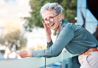 Buy stock photo Phone, funny and city with a business woman outdoor standing on a the balcony of her office at work. Comic, mobile and communication with a senior female manager or CEO outside in an urban town