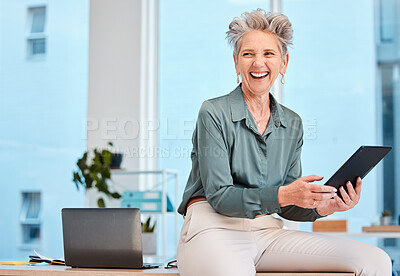 Buy stock photo Senior business woman, laughing or tablet in digital marketing planning, schedule management or calendar innovation. Smile, happy or comic manager, ceo or kpi leadership with digital technology goals