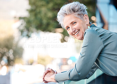 Buy stock photo Portrait, city and mockup with a woman manager in business standing outdoor on the balcony of her office. Face, happy and smile with a senior female CEO or boss outside during summer in an urban town