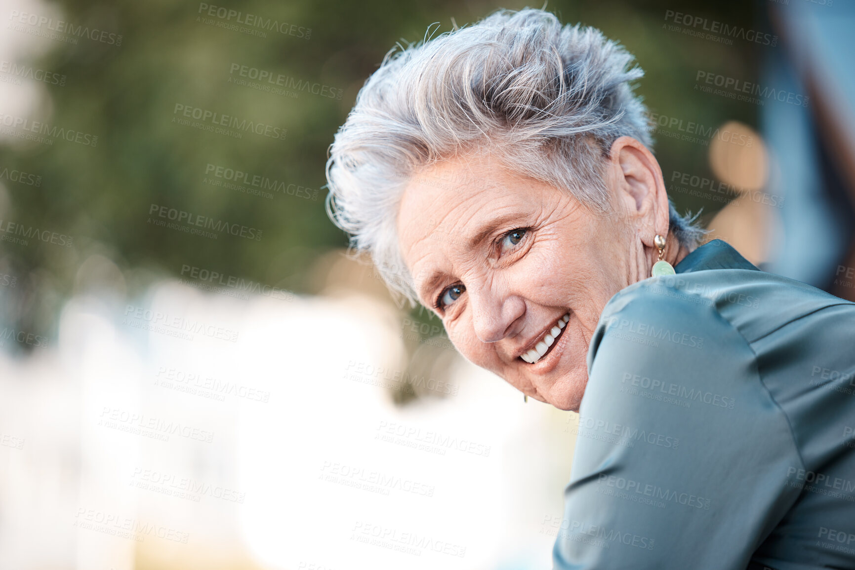 Buy stock photo City, success and portrait of senior woman outdoors thinking of future, ideas and vision for corporate company. Leadership, motivation and face of elderly female entrepreneur sitting in urban town