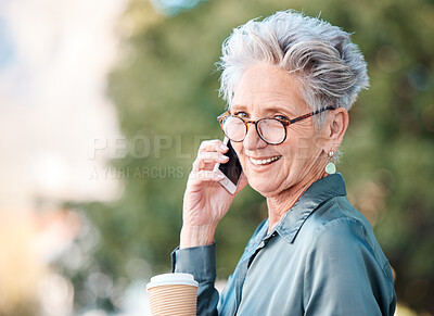 Buy stock photo Business woman, phone call and coffee with communication, conversation and portrait with happy smile outdoor in Australia. Senior female on break, mobile smartphone and happiness with talk to contact