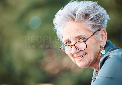 Buy stock photo Nature, portrait and senior business woman in the office garden while on her work lunch break. Happy, smile and elderly professional corporate manager standing in a park in Canada for fresh air.