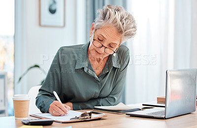 Buy stock photo Writing, clipboard and laptop with a woman CEO or manager filling out paperwork in her office at work. Documents, computer and application with a female employee using her pen to write on paper