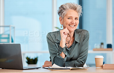 Buy stock photo Business, woman and portrait of a mature ceo proud of her startup company success in a corporate office. Mature entrepreneur, face and front of a female executive happy with her professional career