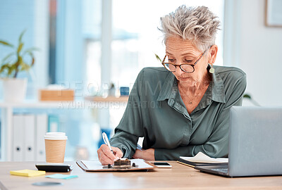Buy stock photo Senior, contract and business woman sign a legal document in a office reading a corporate report. Signature, working and planning elderly ceo writing on insurance, investment or pension paperwork  