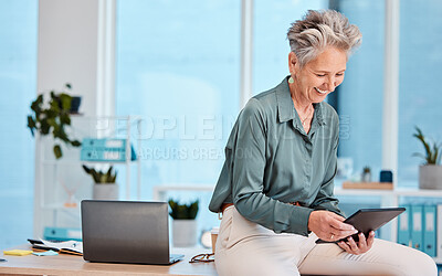 Buy stock photo Senior, business woman and tablet in office for social media, internet browsing or research. Happy, elderly and female employee from Canada with digital touchscreen for networking or web scrolling.