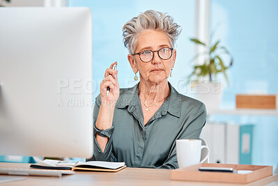 Buy stock photo Business woman, thinking and brainstorming idea for starting marketing project in office at desk. Planning with a senior female employee working with a mindset of problem solving or strategy at work
