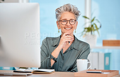 Buy stock photo Computer, office and senior business woman doing online research or planning a corporate project. Technology, professional and elderly female manager working on a management report in her workplace.