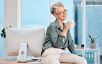 Office, coffee break and portrait of woman boss happy with business career success, company management and workspace. Relax corporate employee, coffee cup drink and computer for workplace inspiration