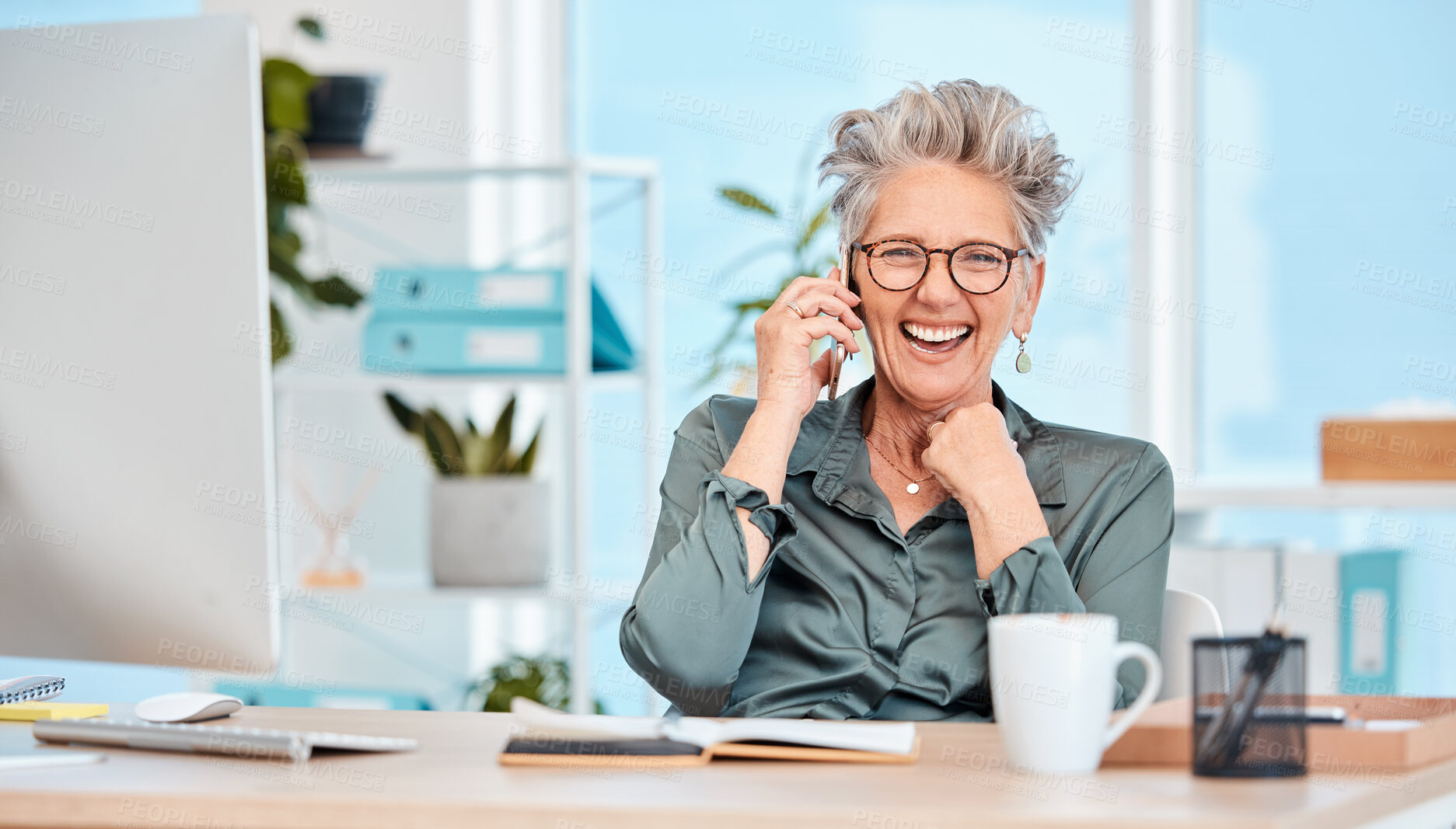 Buy stock photo Ceo, business and woman on call with joy about successful startup company plan while feeling cheerful. Laughing, funny and comic communication on a phone call with a mature female executive 