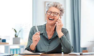 Buy stock photo Business phone call, networking and woman planning, communication notes and comic conversation in an office at work. Happy strategy, corporate discussion and worker on the phone for a company plan