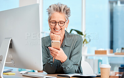 Buy stock photo Phone, happy or business woman on social media smiles at funny meme or online content while relaxing on coffee break. Communication, social network or senior manager reading news or internet post 