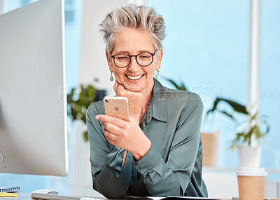 Buy stock photo Senior business woman, ceo with smartphone for company communication, technology and email check. Mature executive with cellphone, smile at social media post and manager online with 5g network.